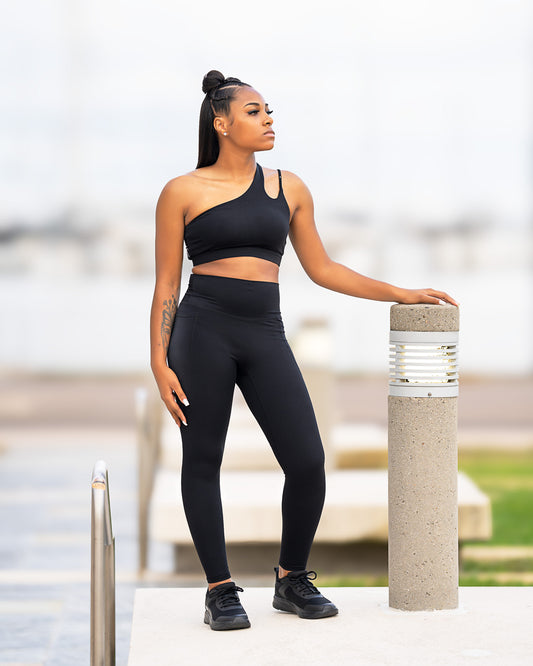 Midnight Asymmetrical Single Shoulder Sports Bra & Pocket Leggings Set